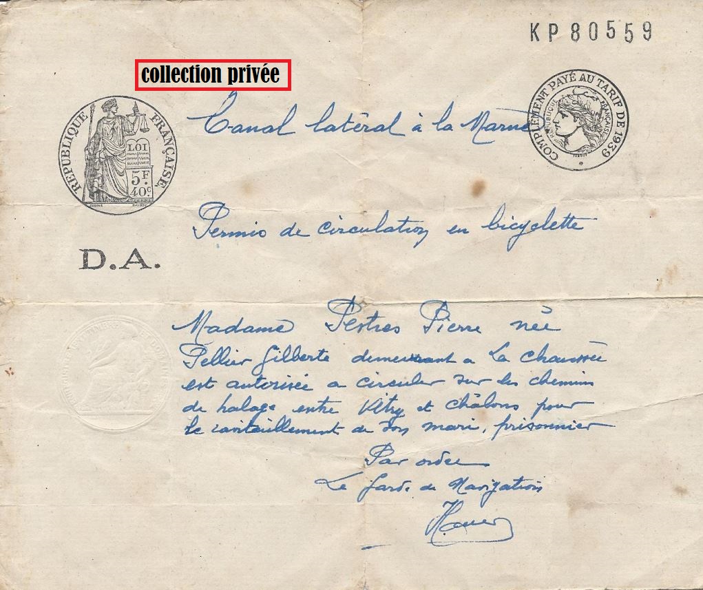 permis de circulation a bicyclette 1939 pogny